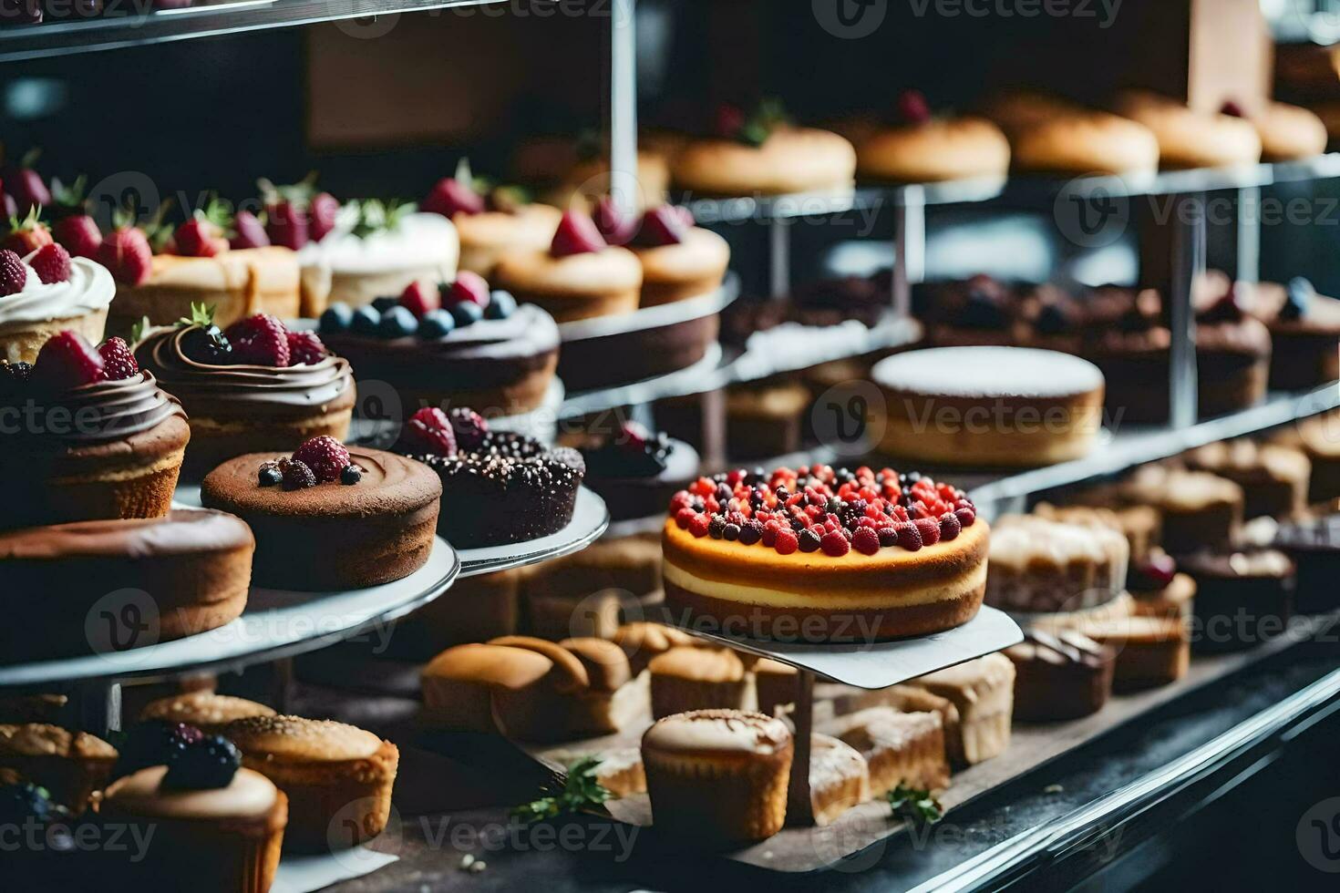 a display of cakes and pastries in a bakery. AI-Generated photo