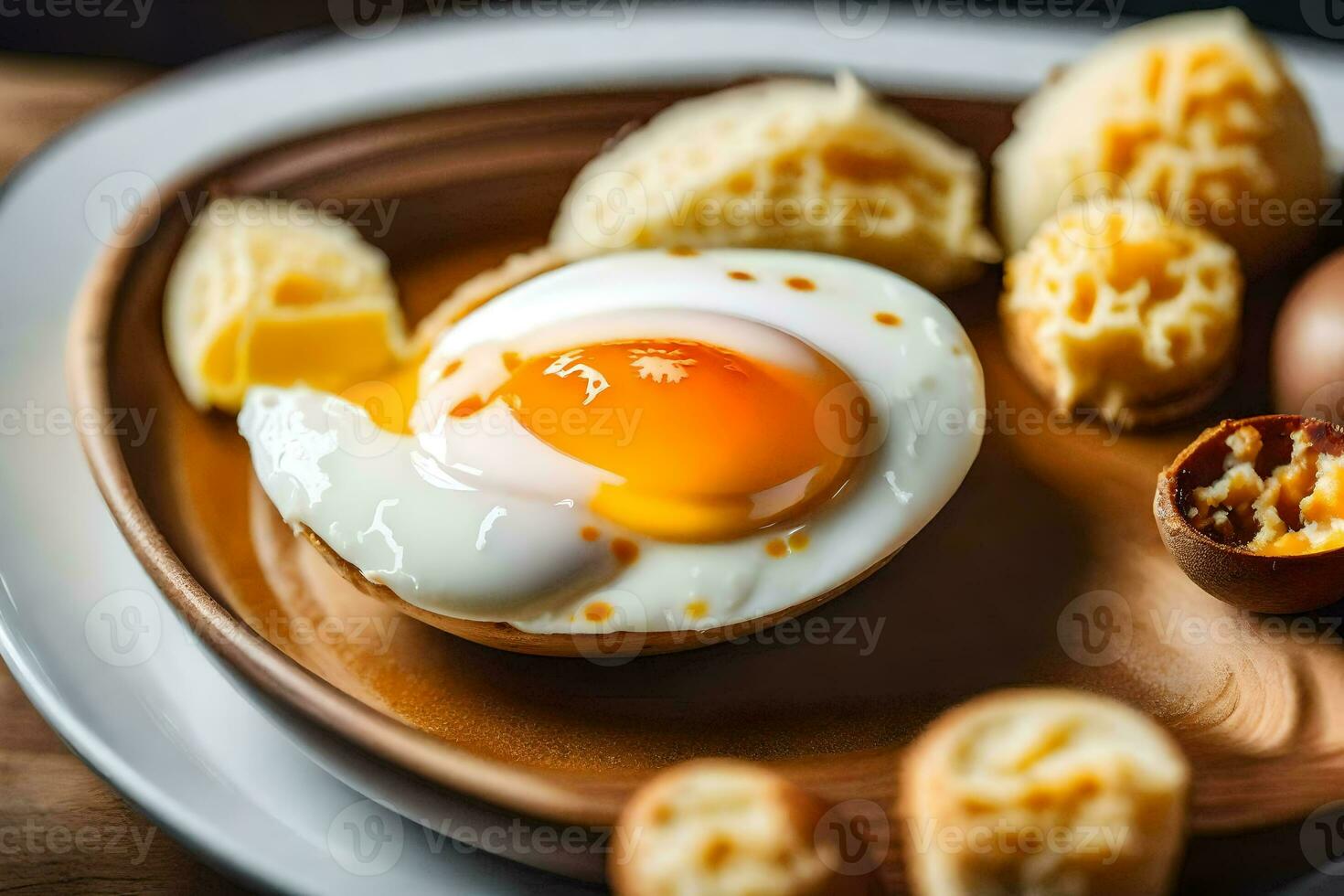 an egg is on a plate with potatoes and bread. AI-Generated photo