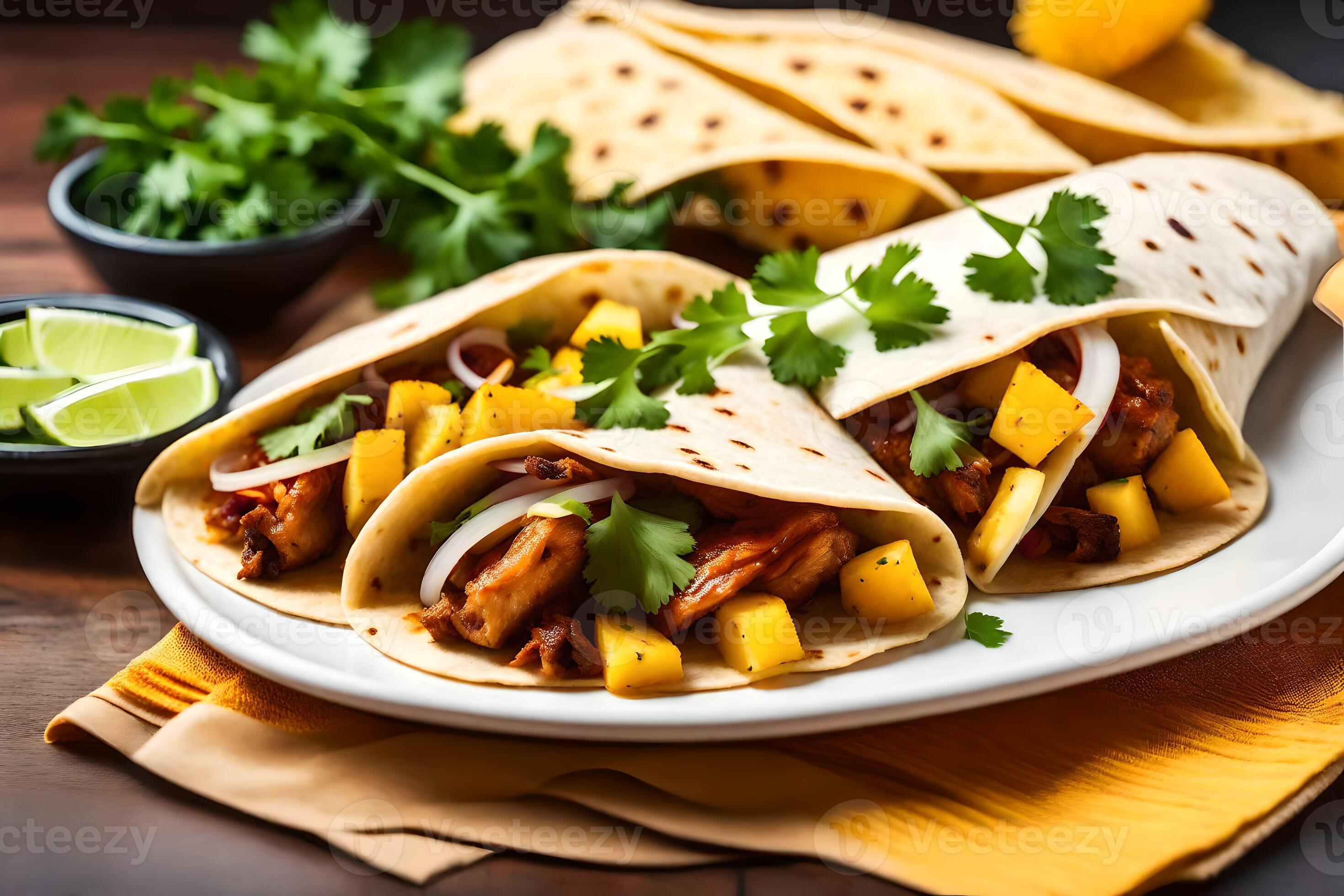 chicken and mango salsa burritos on a white plate. AIGenerated