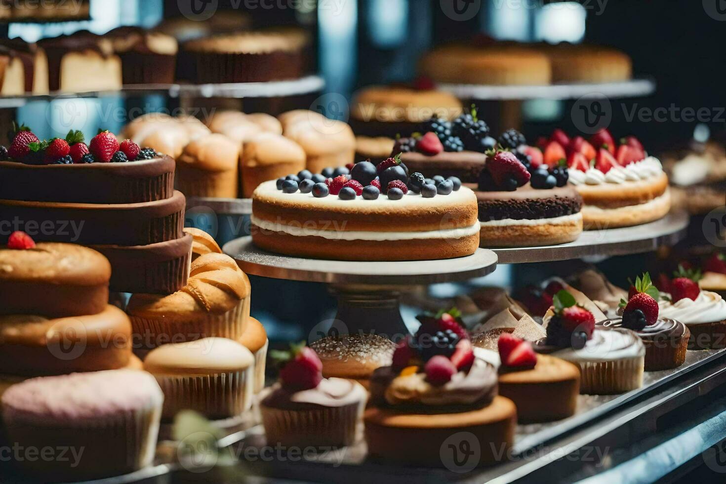 many different types of cakes are on display in a bakery. AI-Generated photo