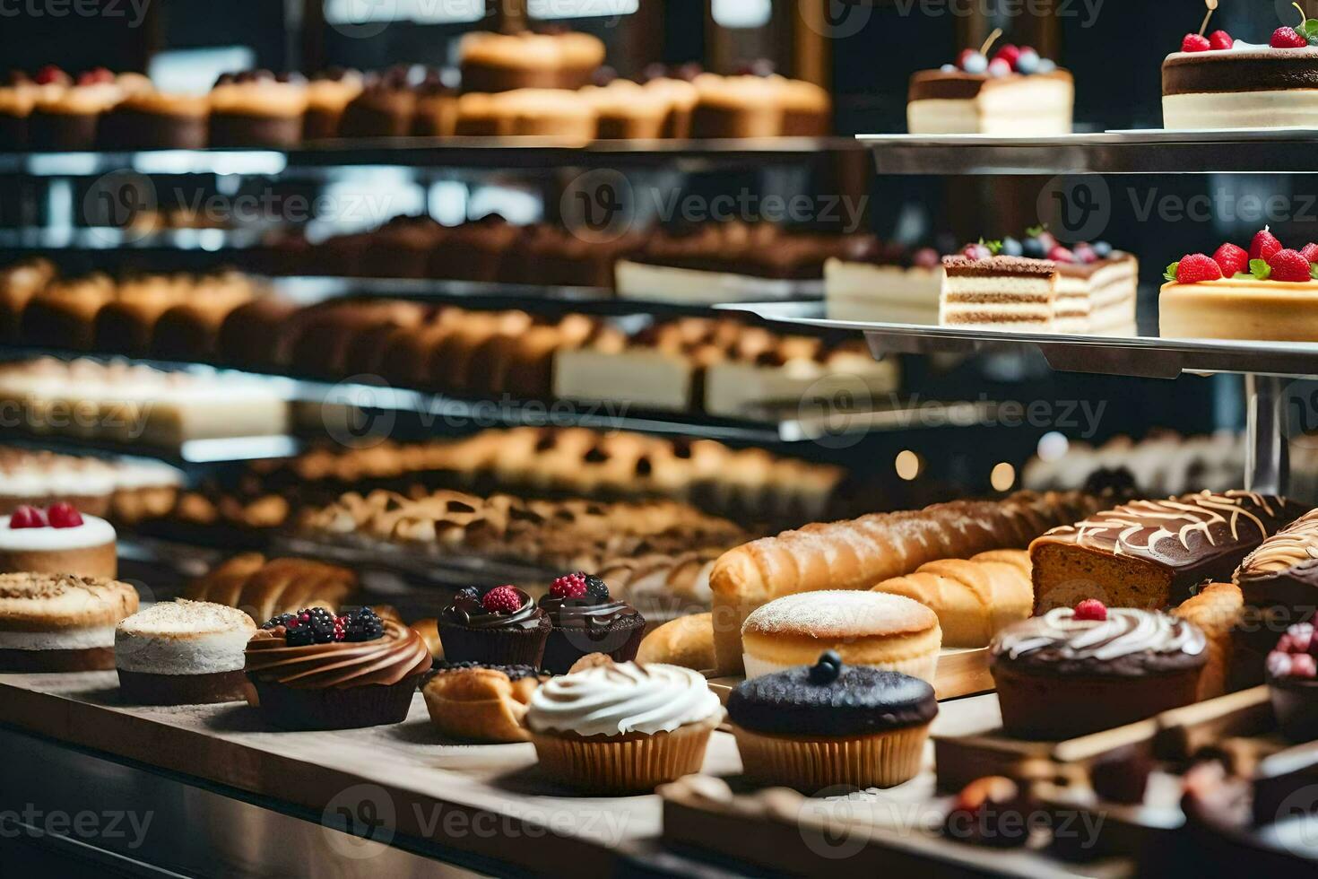 muchos diferente tipos de pasteles son en monitor en un panadería. generado por ai foto