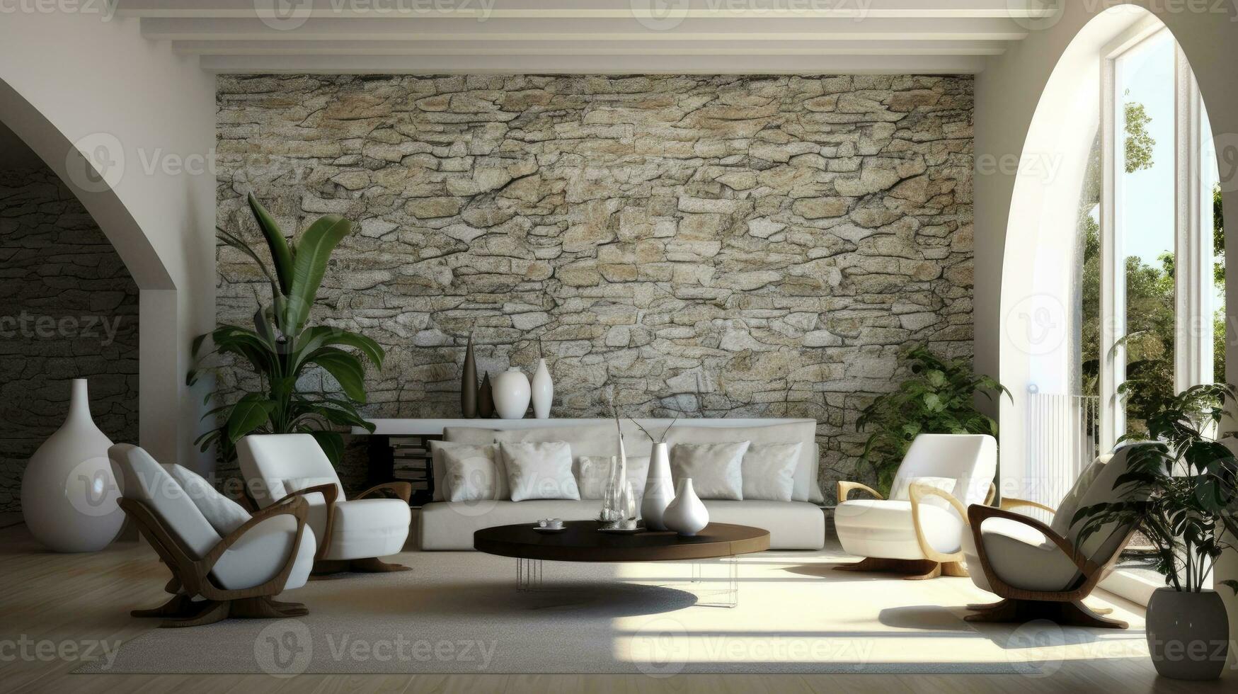 Modern Mediterranean Living Room with Armchairs and Stone Pebble Wall. AI Generated photo