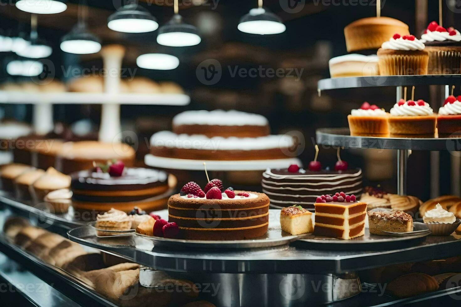 many different types of cakes are on display in a bakery. AI-Generated photo