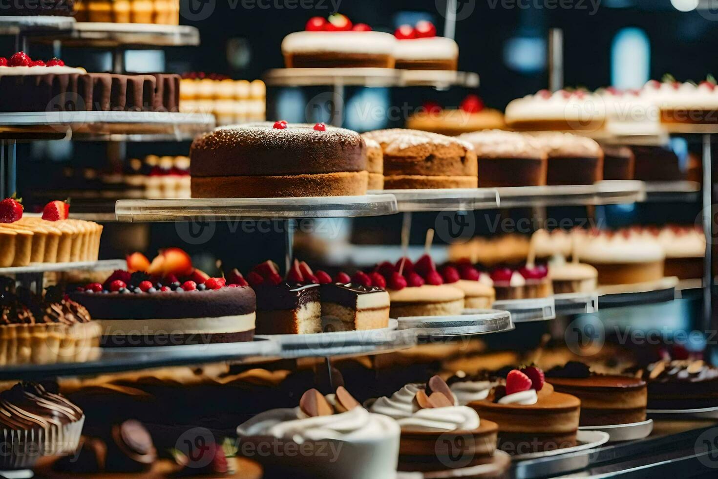 many different types of cakes are on display in a bakery. AI-Generated photo