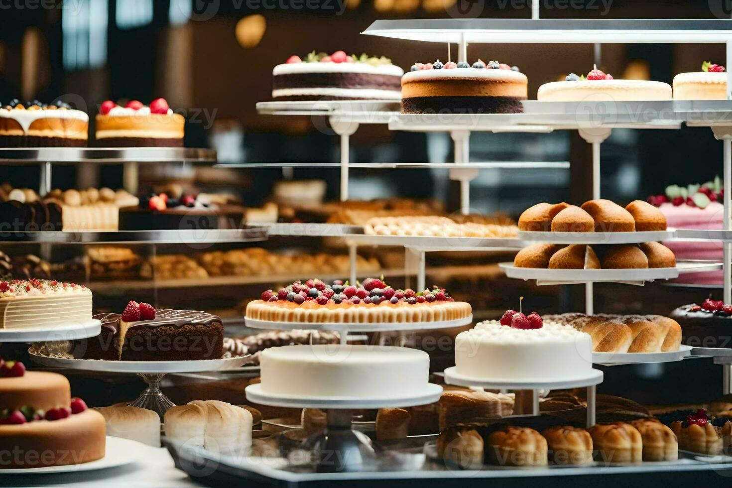 many different types of cakes are on display in a bakery. AI-Generated photo