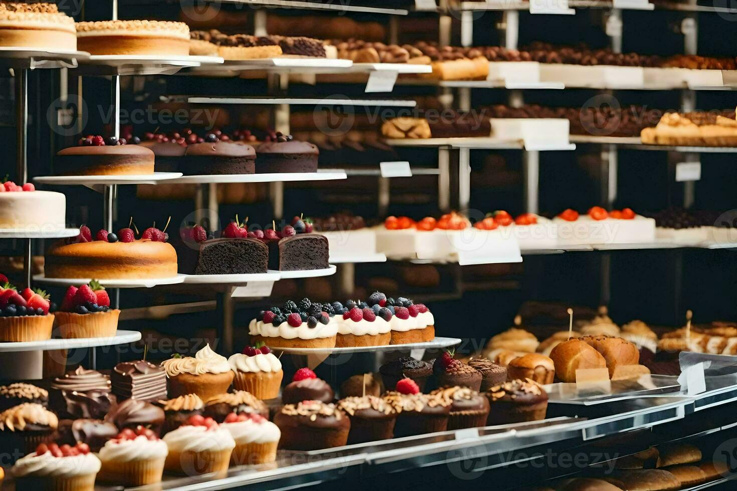 many different types of cakes are on display in a bakery. AI-Generated photo