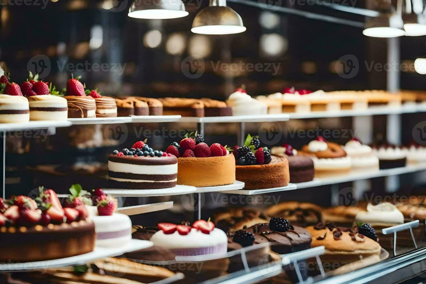 many different types of cakes are on display in a bakery. AI-Generated photo