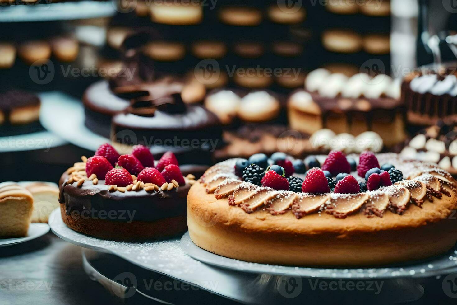 a variety of cakes are on display in a bakery. AI-Generated photo