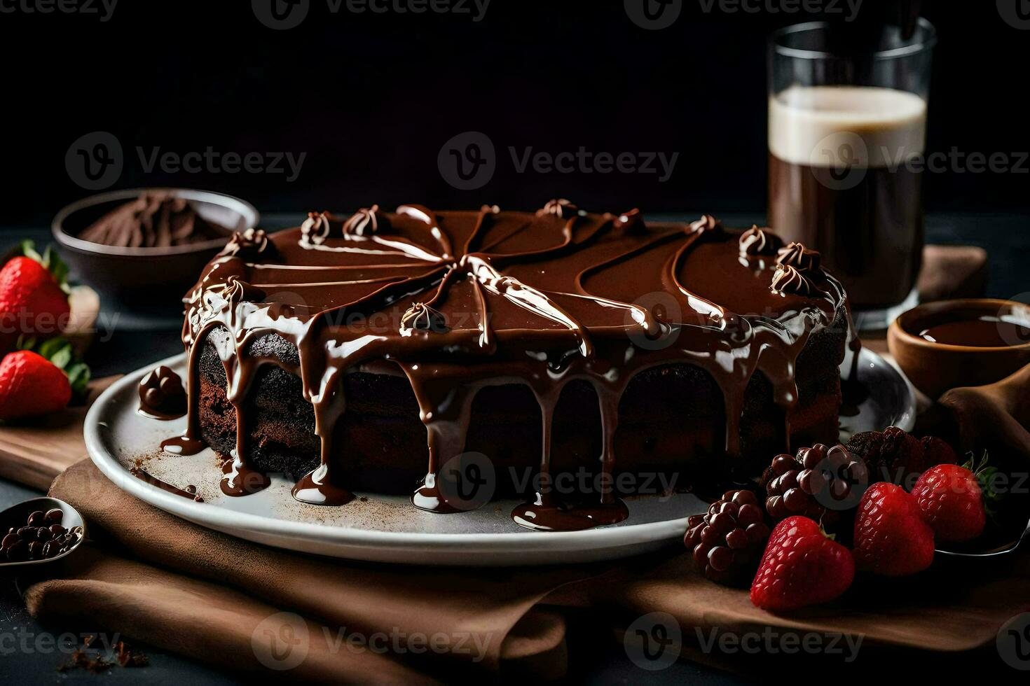 un chocolate pastel con fresas y un vaso de leche. generado por ai foto