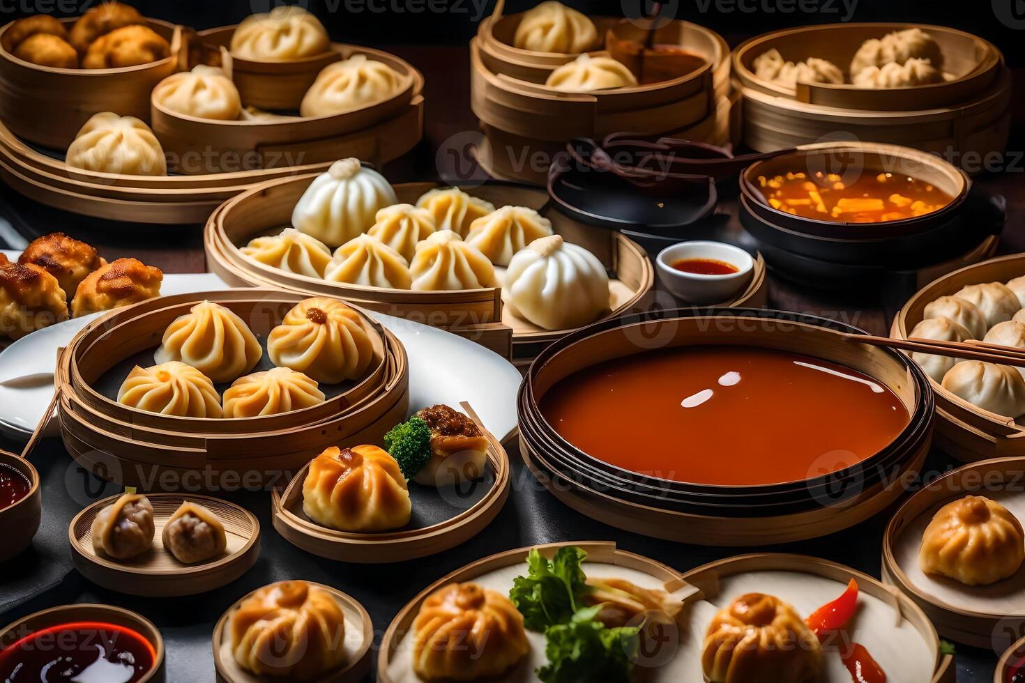 a table full of different types of chinese food. AIGenerated 33802673 Stock Photo at Vecteezy