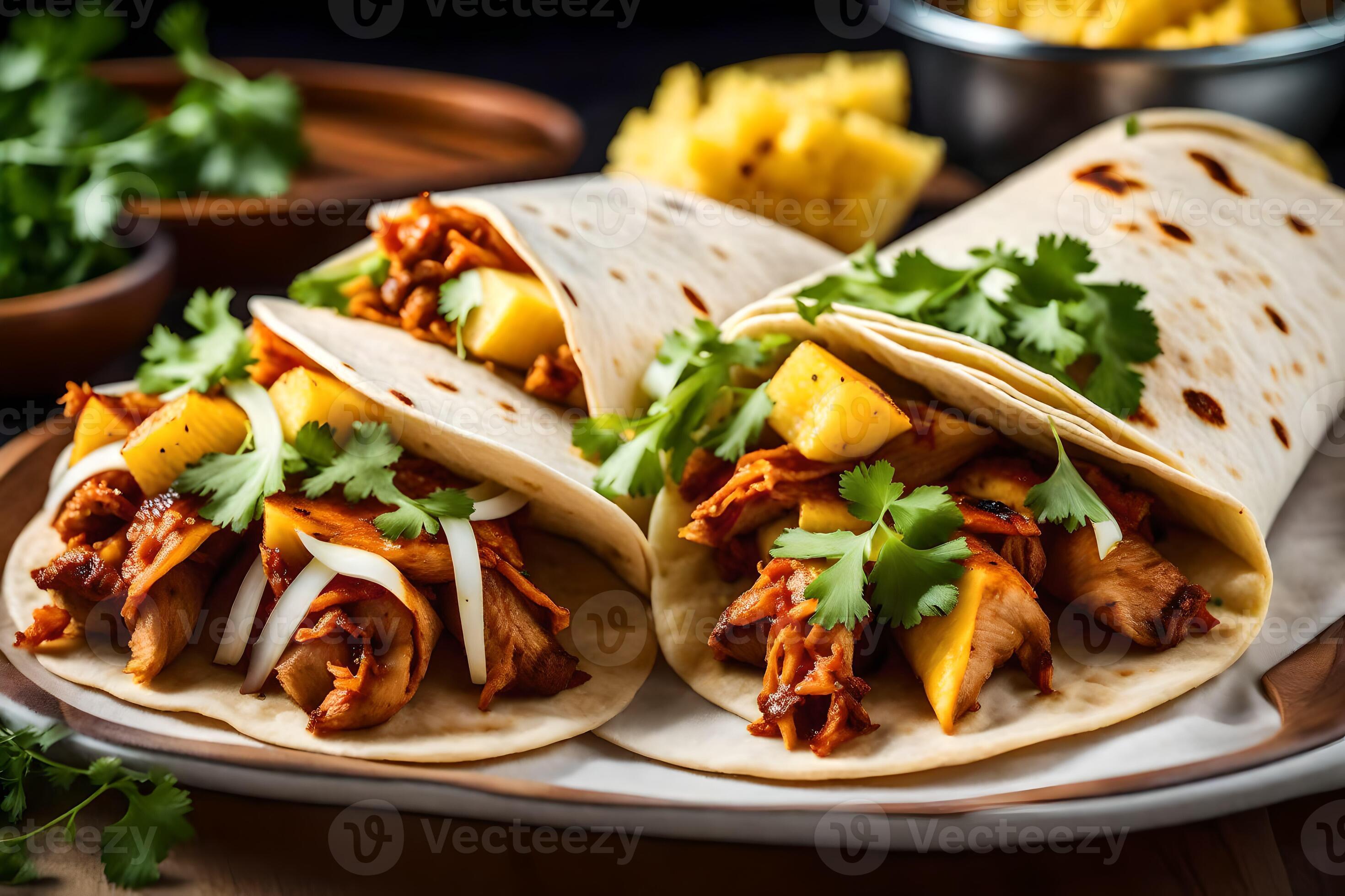 two burritos with chicken and pineapple on a plate. AIGenerated