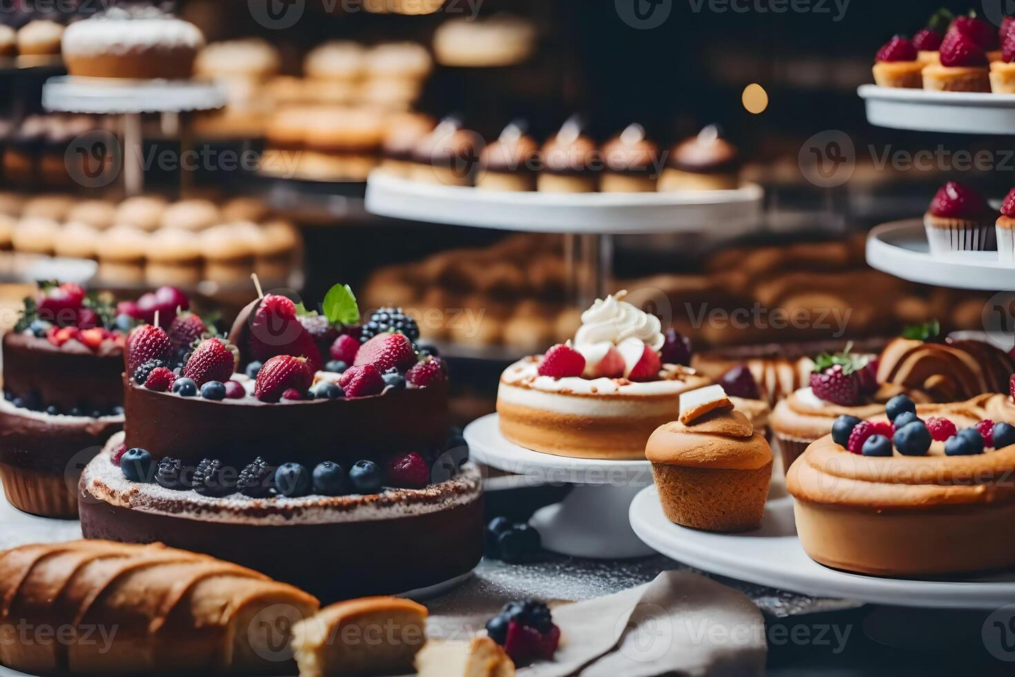 many different types of cakes and pastries on display. AIGenerated