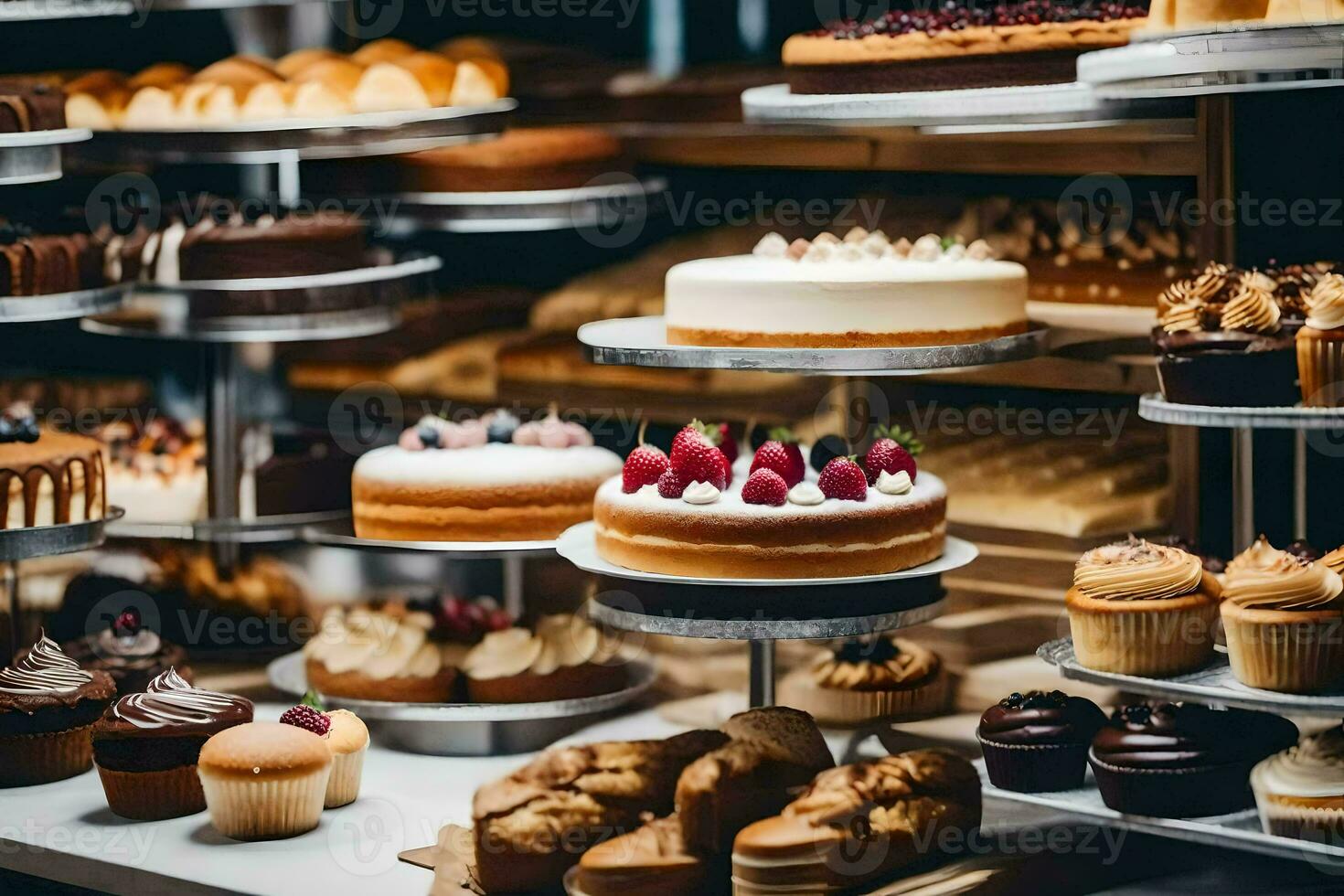 many different types of cakes are on display in a bakery. AI-Generated photo