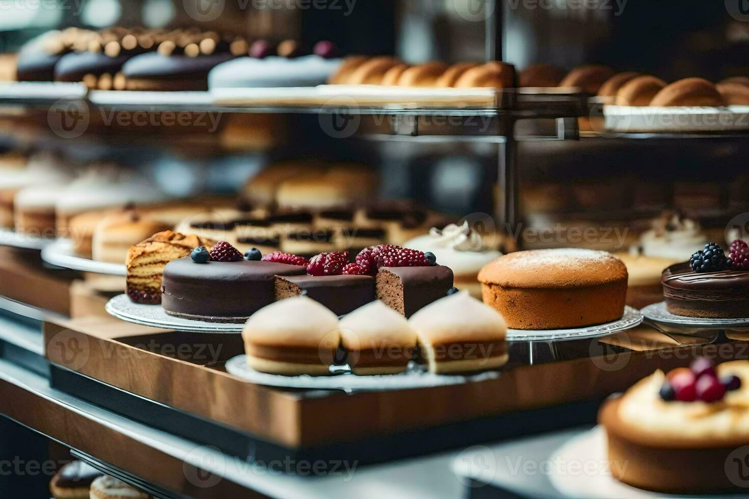 muchos diferente tipos de pasteles son en monitor en un panadería. generado por ai foto