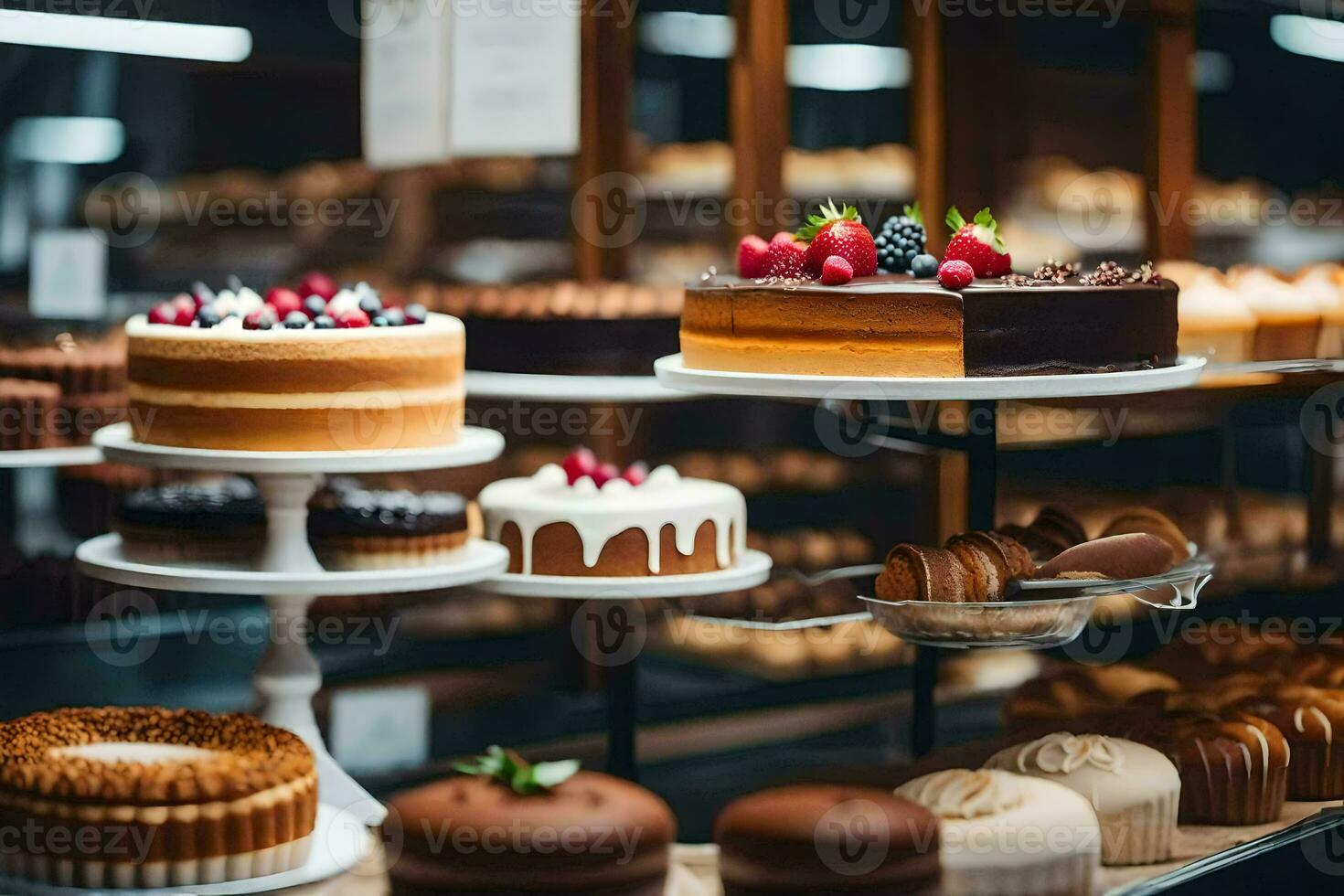 many different types of cakes are on display in a bakery. AI-Generated photo