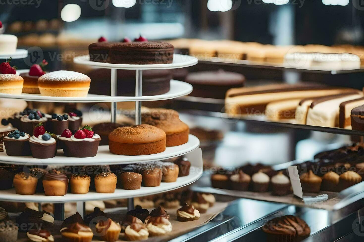 many different types of cakes are on display in a bakery. AI-Generated photo