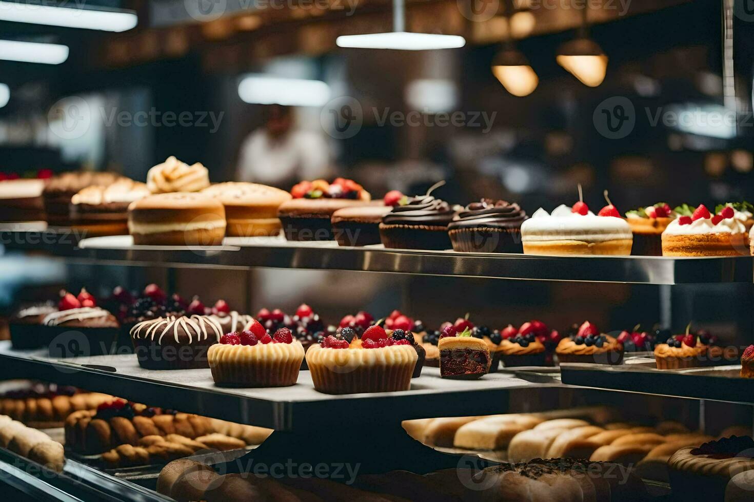 muchos diferente tipos de pasteles son en monitor en un panadería. generado por ai foto