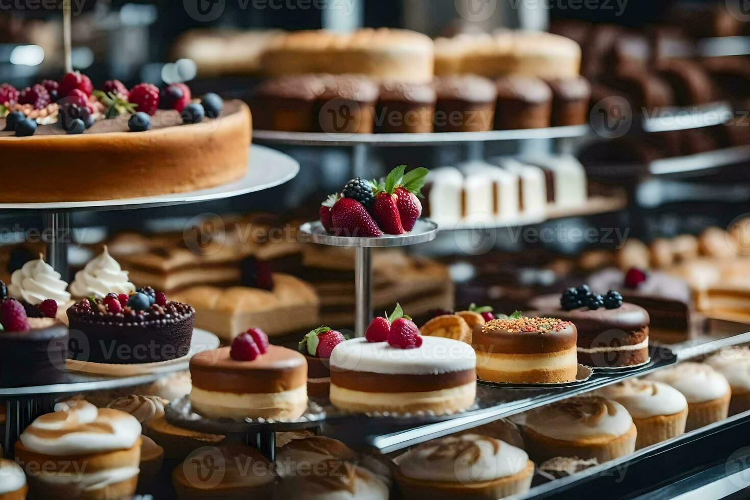 many different types of cakes are on display in a bakery. AI-Generated photo