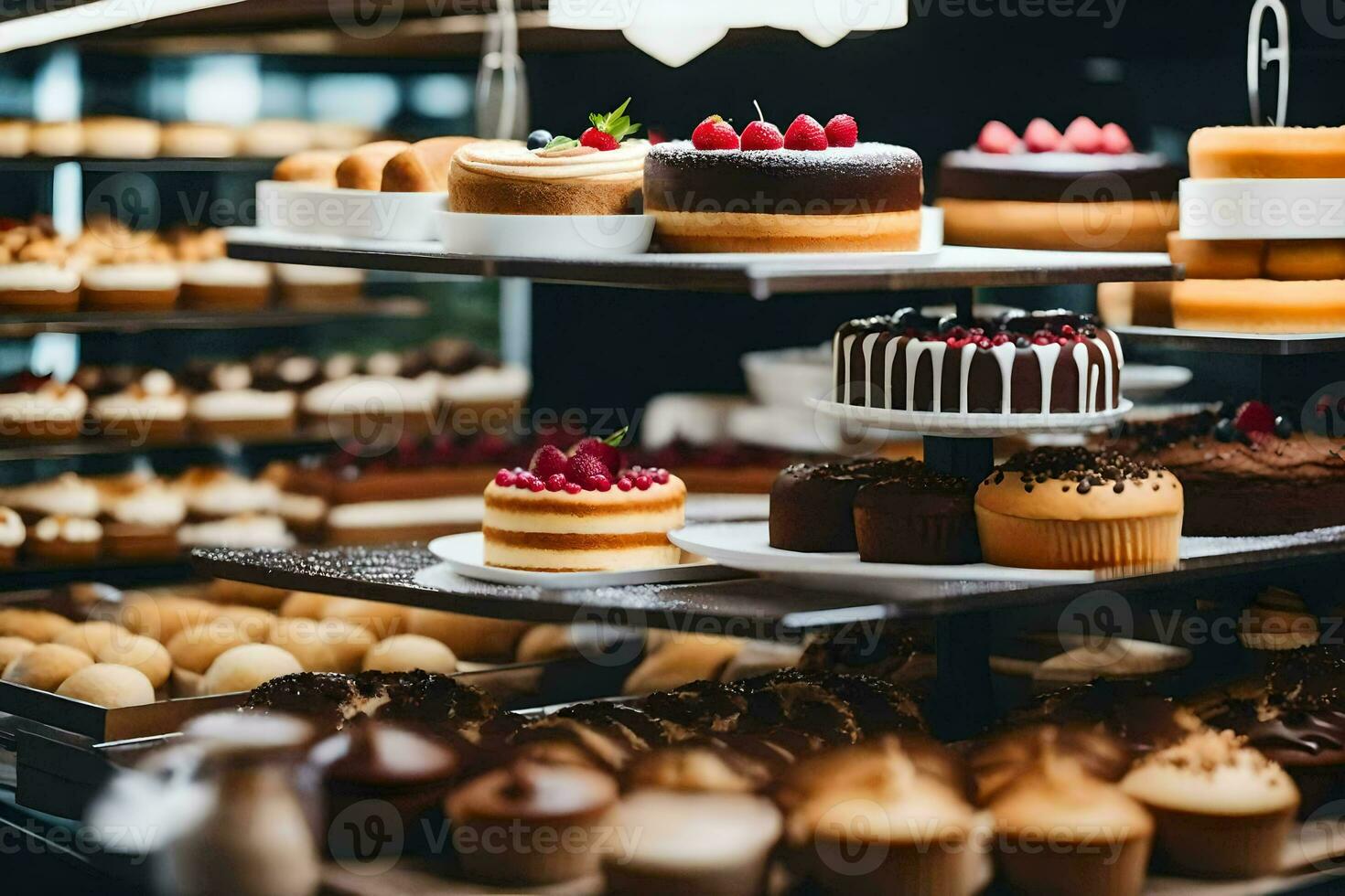 many different types of cakes are on display in a bakery. AI-Generated photo