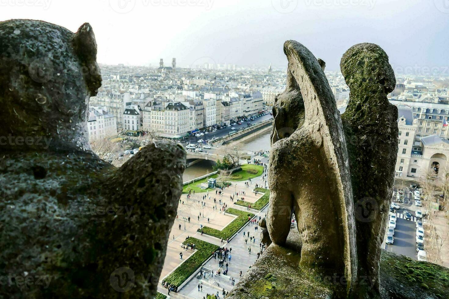 gargoyles on the top of a building overlooking a city photo