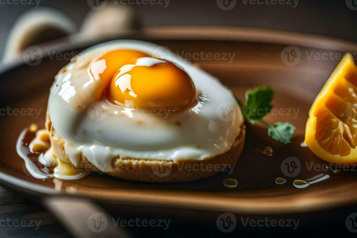 un huevo en un plato con un naranja rebanada. generado por ai foto