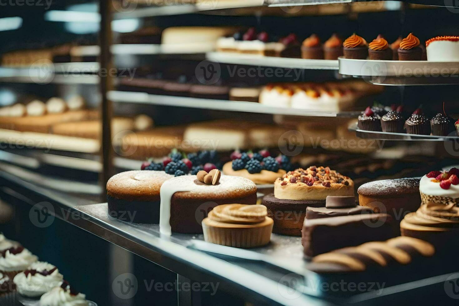 many different types of cakes are on display in a bakery. AI-Generated photo