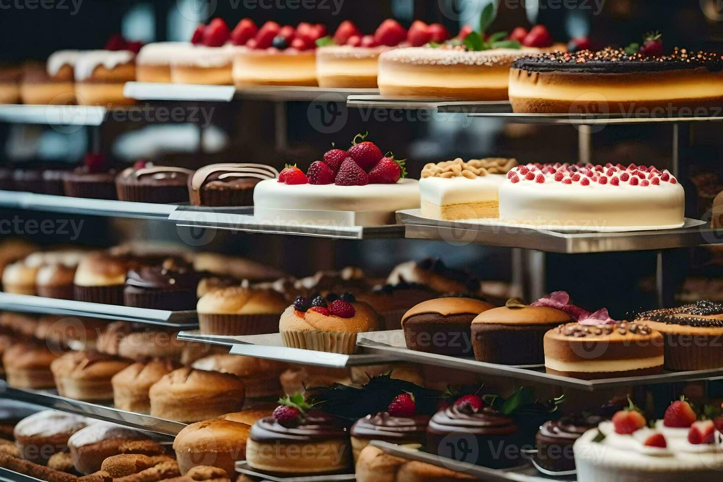 many different types of cakes are on display in a bakery. AI-Generated photo