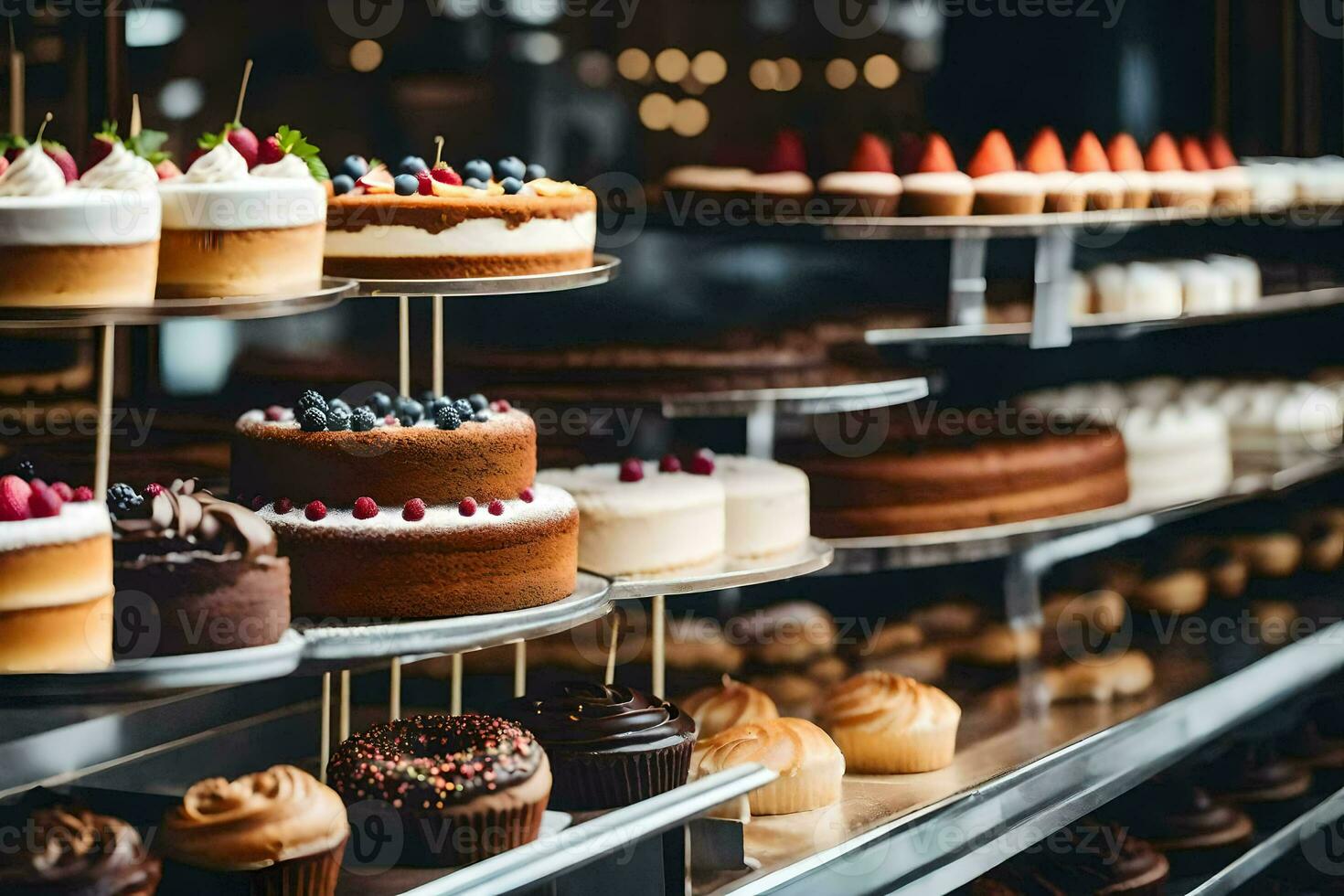 many different types of cakes are on display in a bakery. AI-Generated photo