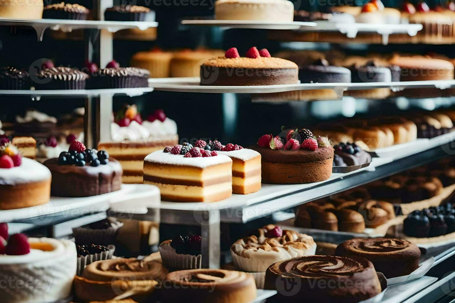 un monitor de pasteles en un panadería. generado por ai foto