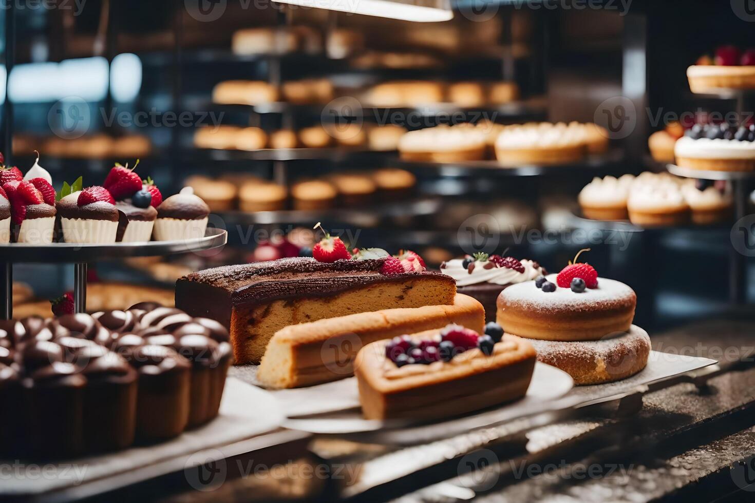 various types of cakes and pastries on display in a bakery. AI