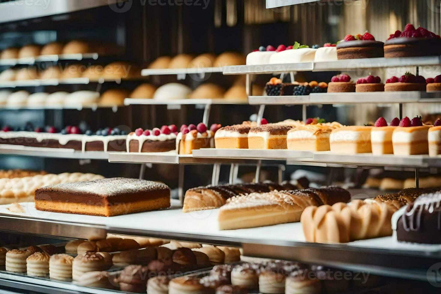 many different types of pastries are on display in a bakery. AI-Generated photo