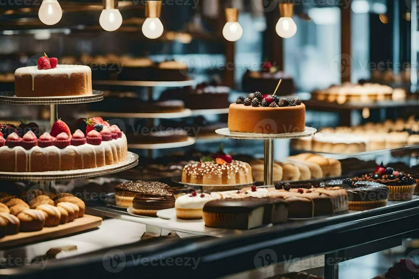 many different types of cakes are on display in a bakery. AI-Generated photo