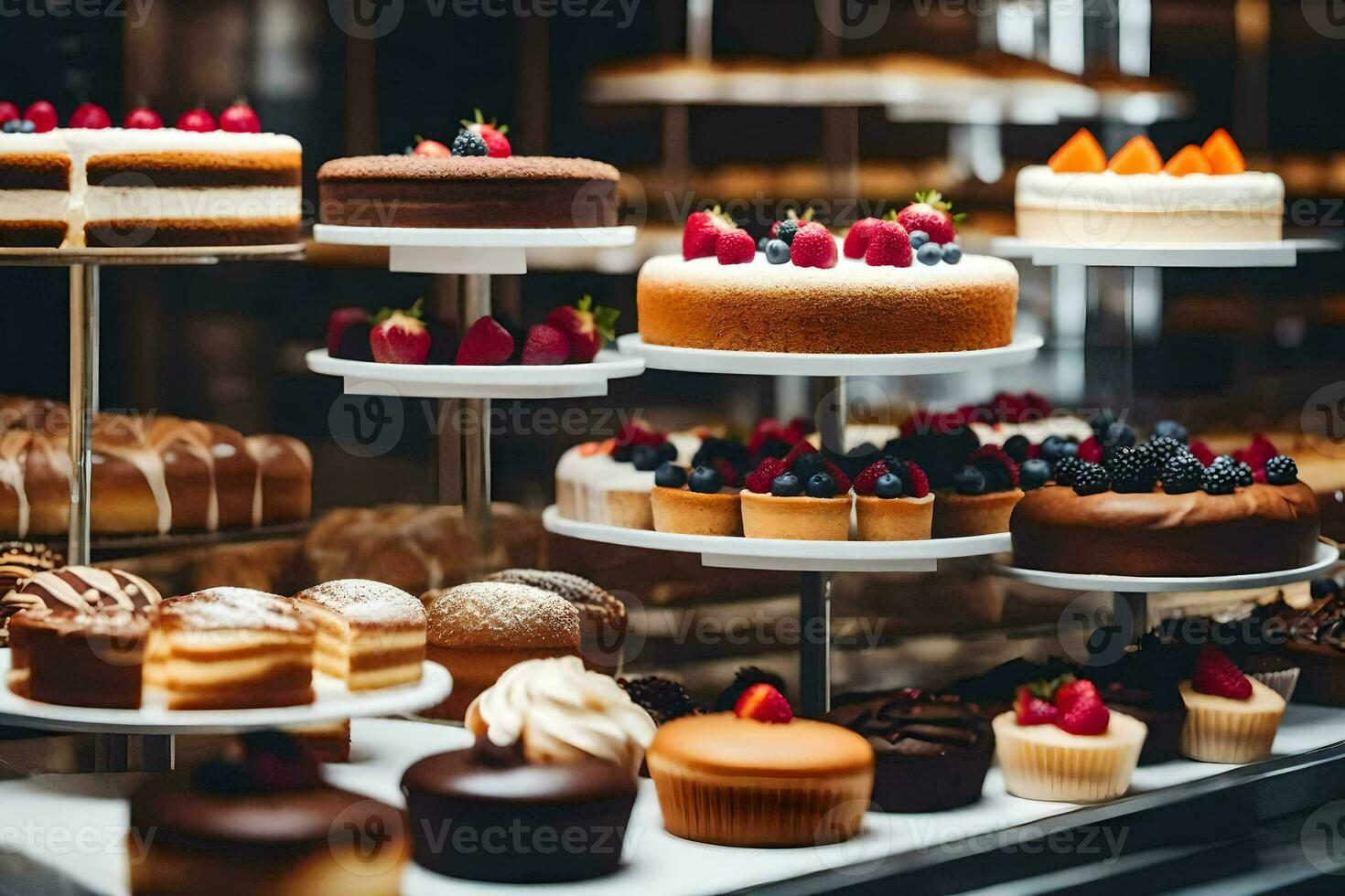 many different types of cakes are displayed on a display case. AI-Generated photo