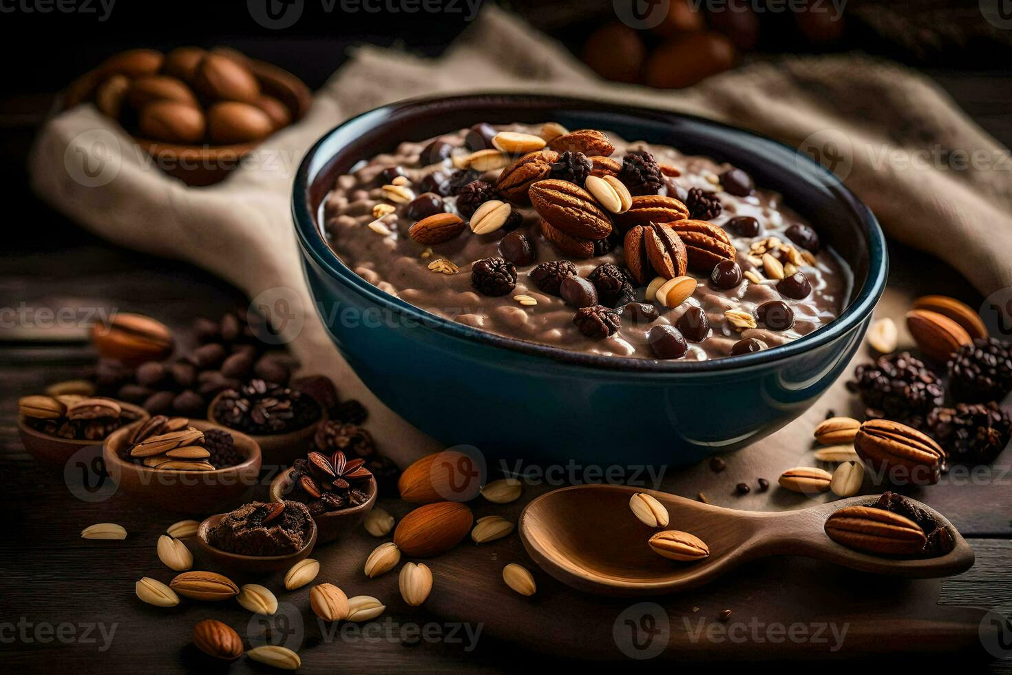 chocolate oatmeal with nuts and nuts in a bowl. AI-Generated photo