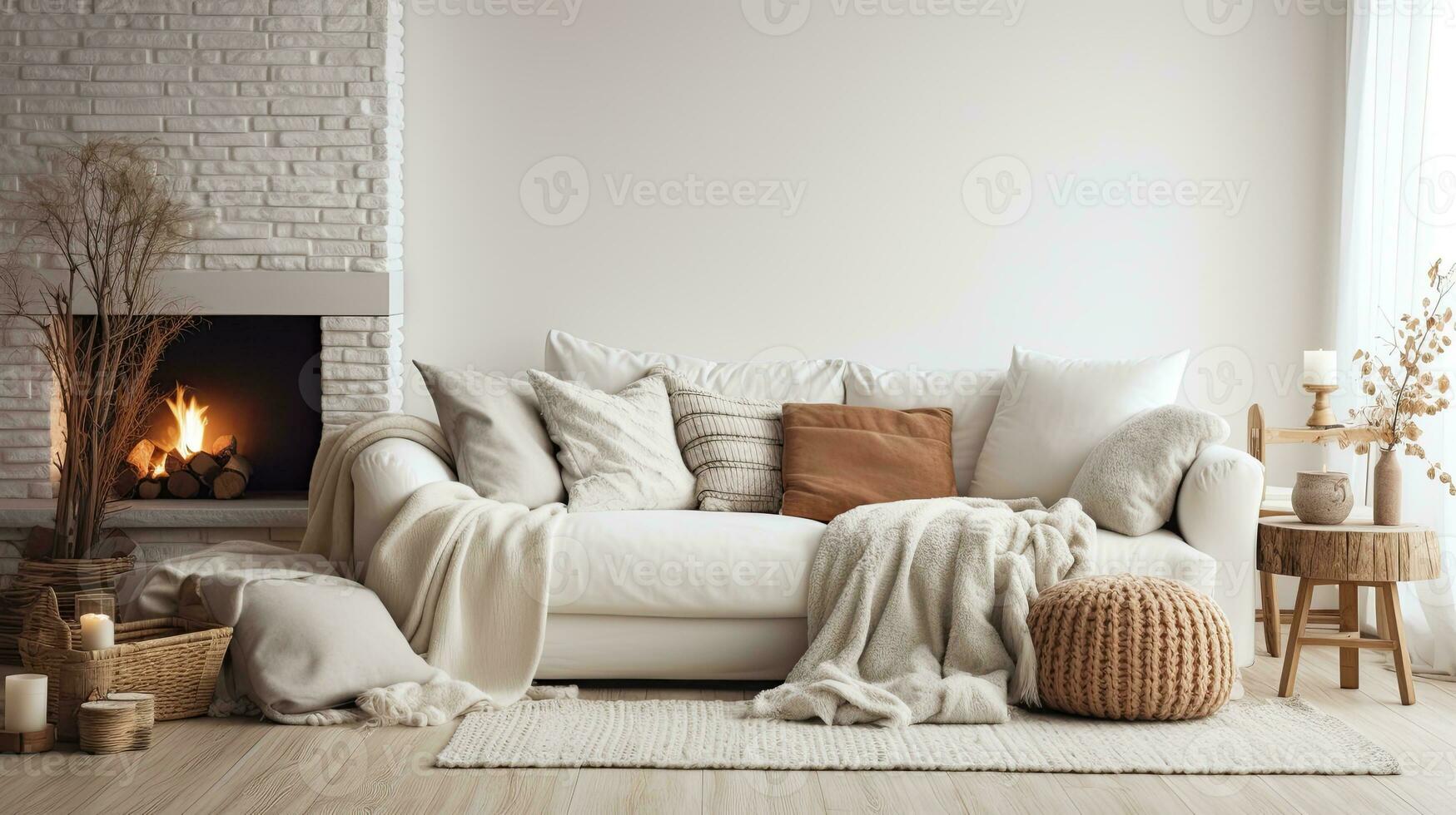 Scandinavian Hygge Living Room with White Sofa, Knitted Pouf, Terra Cotta Pillows, and Cozy Blanket. AI Generated photo