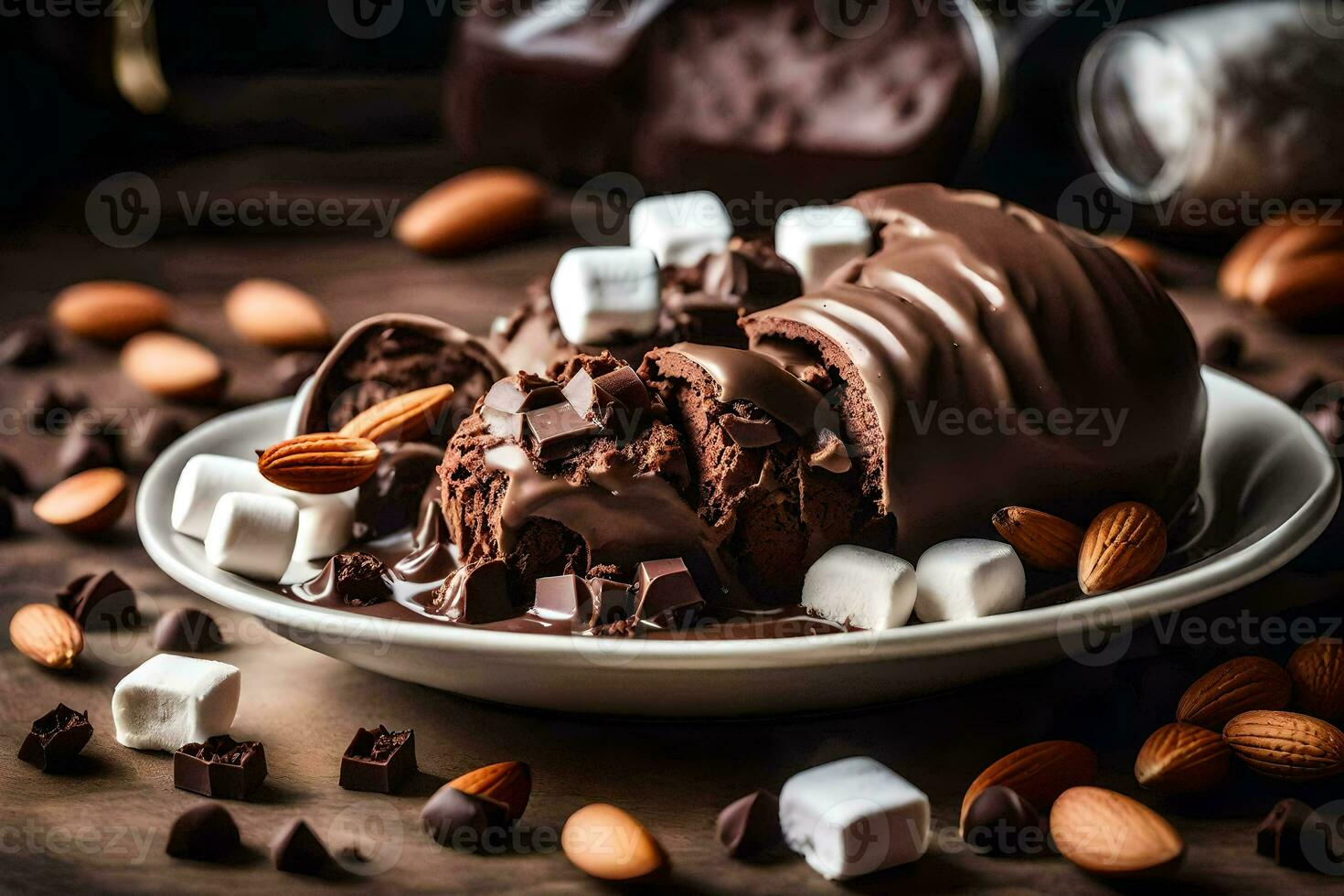 chocolate ice cream with marshmallows and almonds. AI-Generated photo