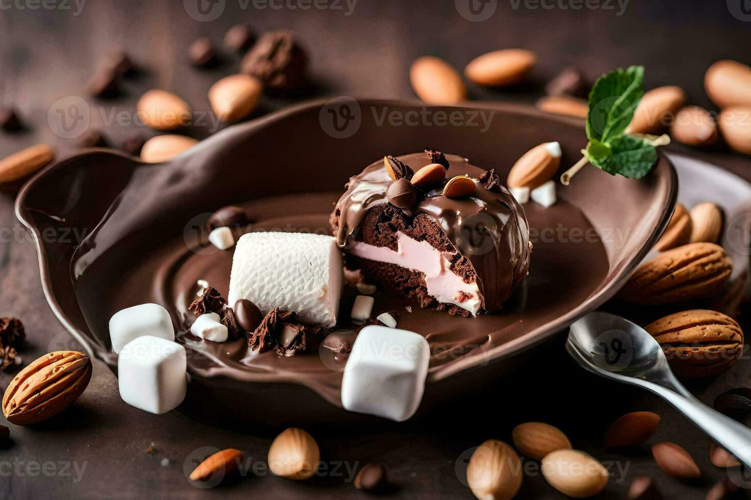 chocolate dessert with marshmallows and nuts on a plate. AI-Generated photo