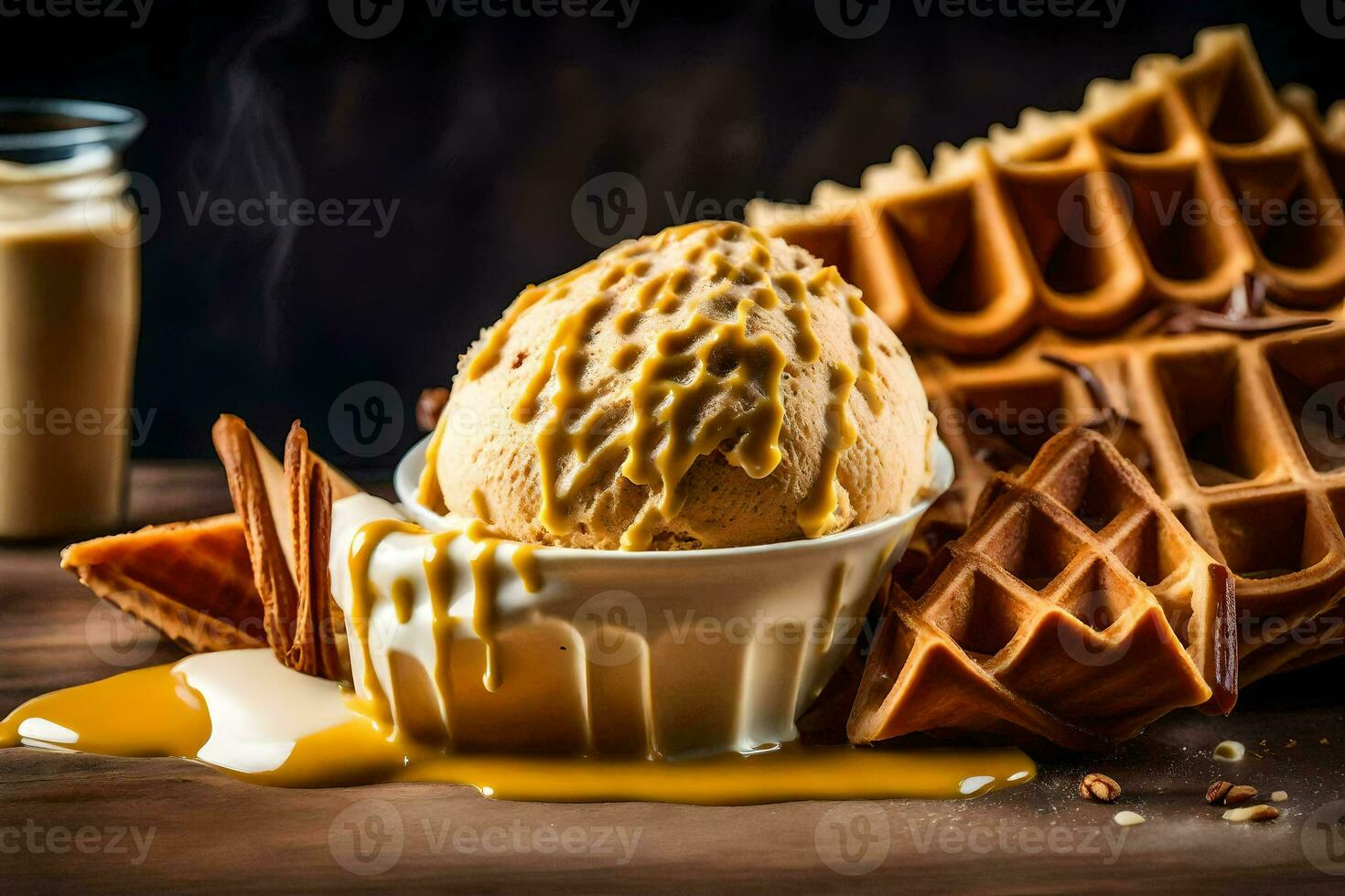 ice cream in a waffle cone with caramel sauce on a wooden table. AI-Generated photo