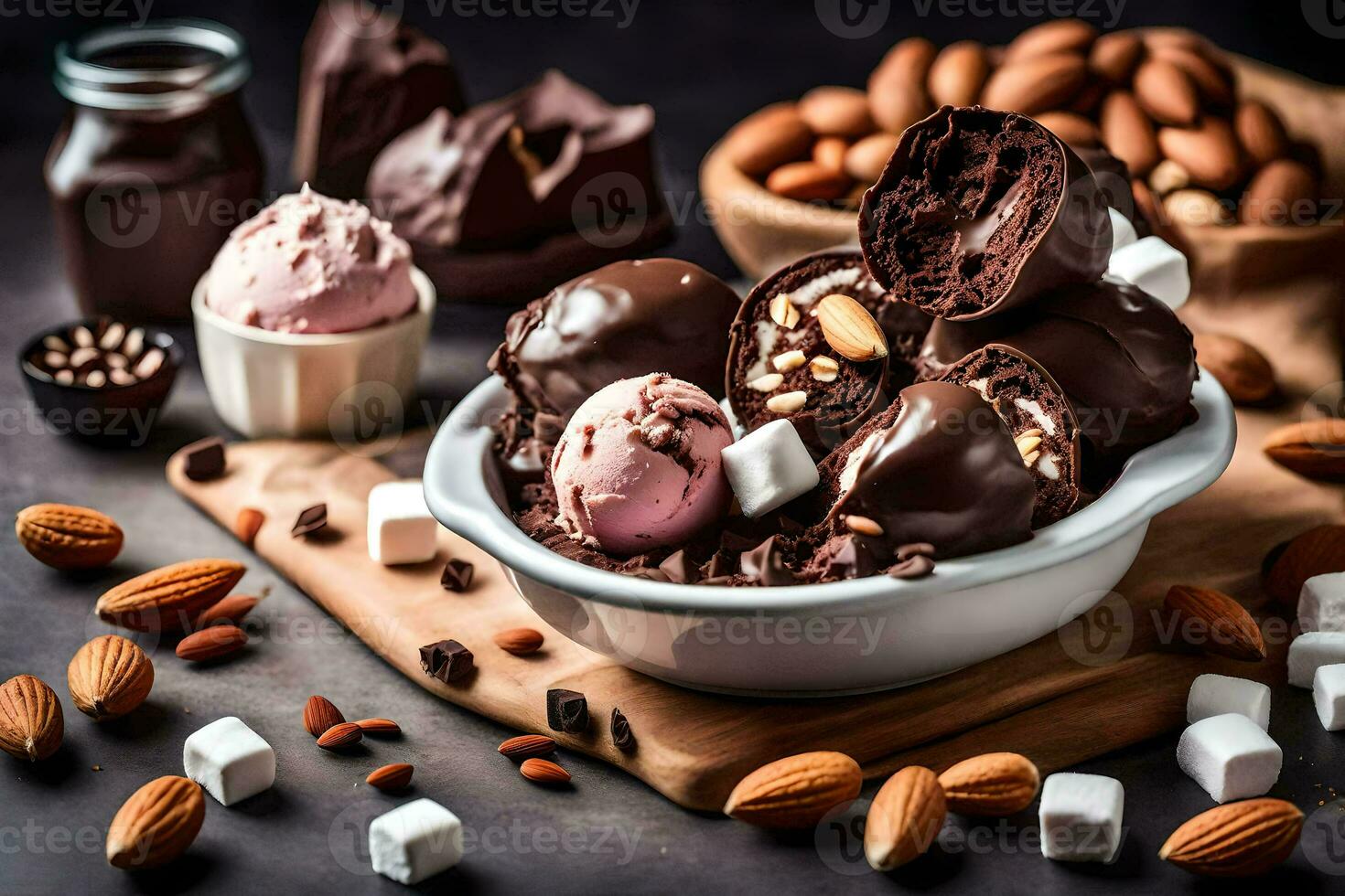 chocolate covered almonds, almonds and marshmallows. AI-Generated photo