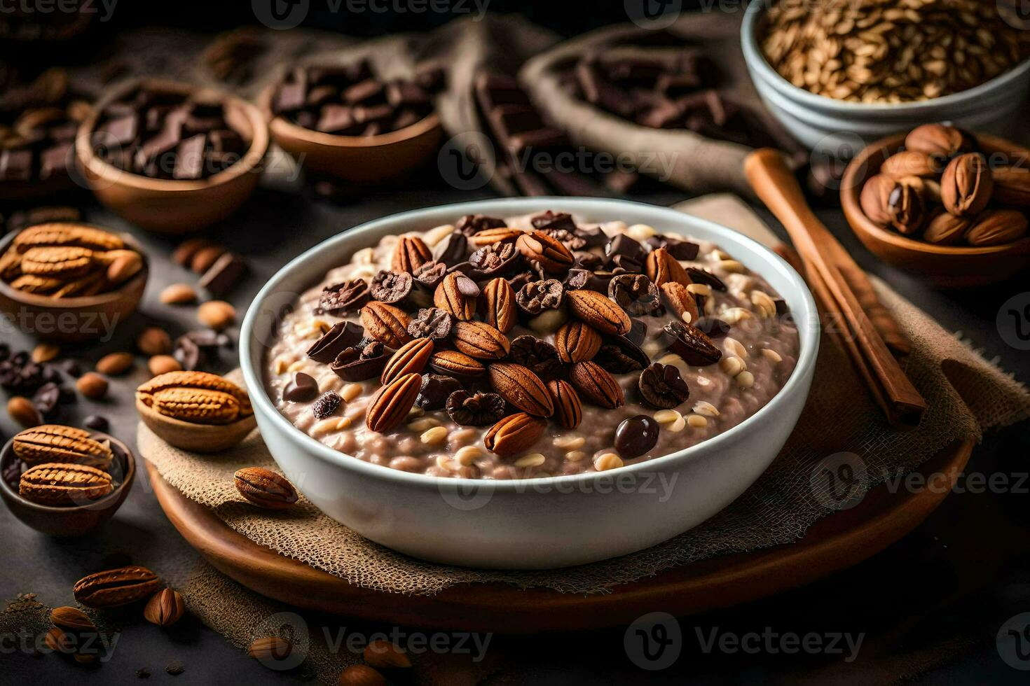 chocolate pecan oatmeal in a bowl with nuts. AI-Generated photo