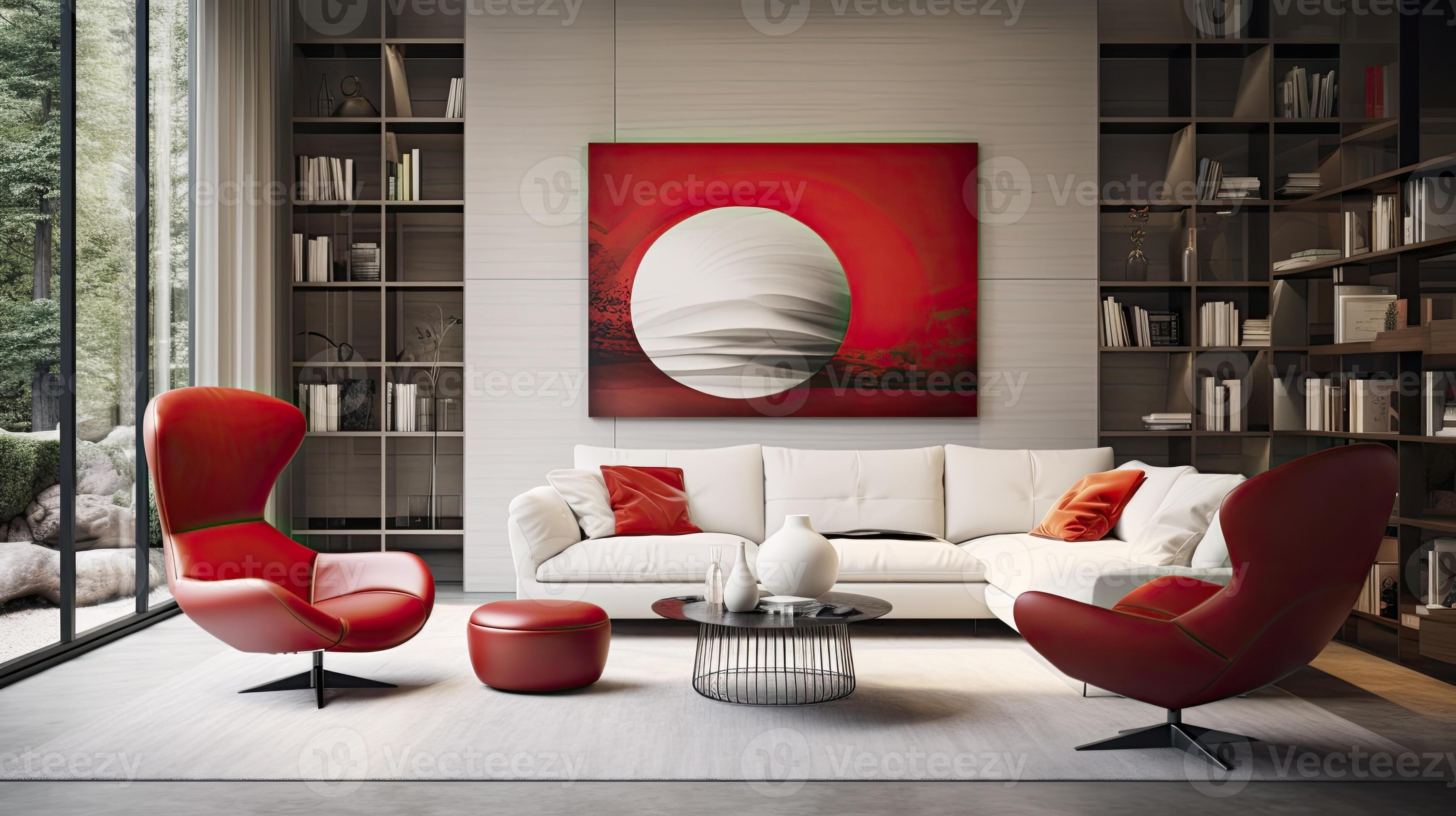 Modern Living Room with Red Wingback Chair, White Sofa, and Suprematism