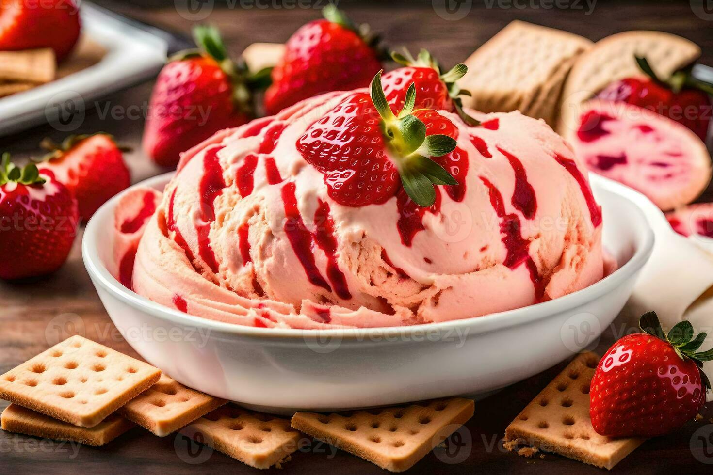 un cuenco de fresa hielo crema con un cuchara y galletas generado por ai foto