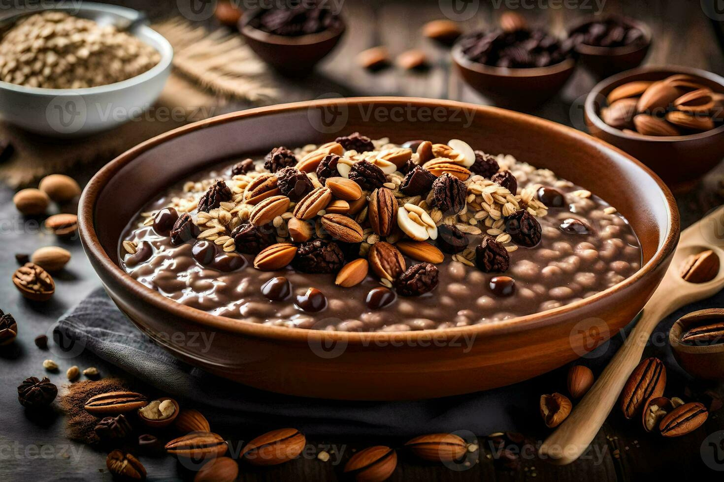 chocolate oatmeal with nuts and nuts in a bowl. AI-Generated photo