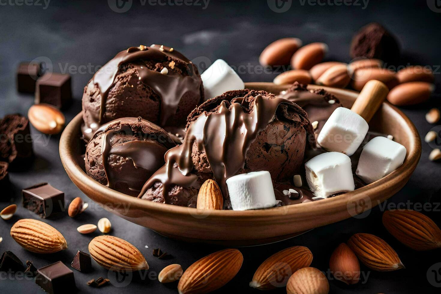 chocolate ice cream with almonds and marshmallows in a bowl. AI-Generated photo