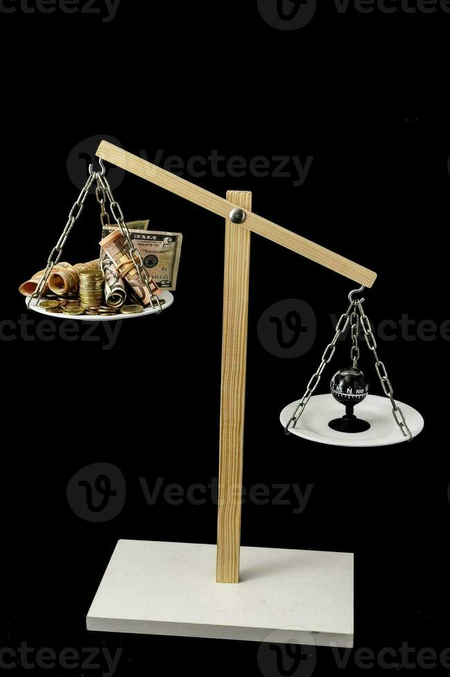 a balance scale with a compass and money photo