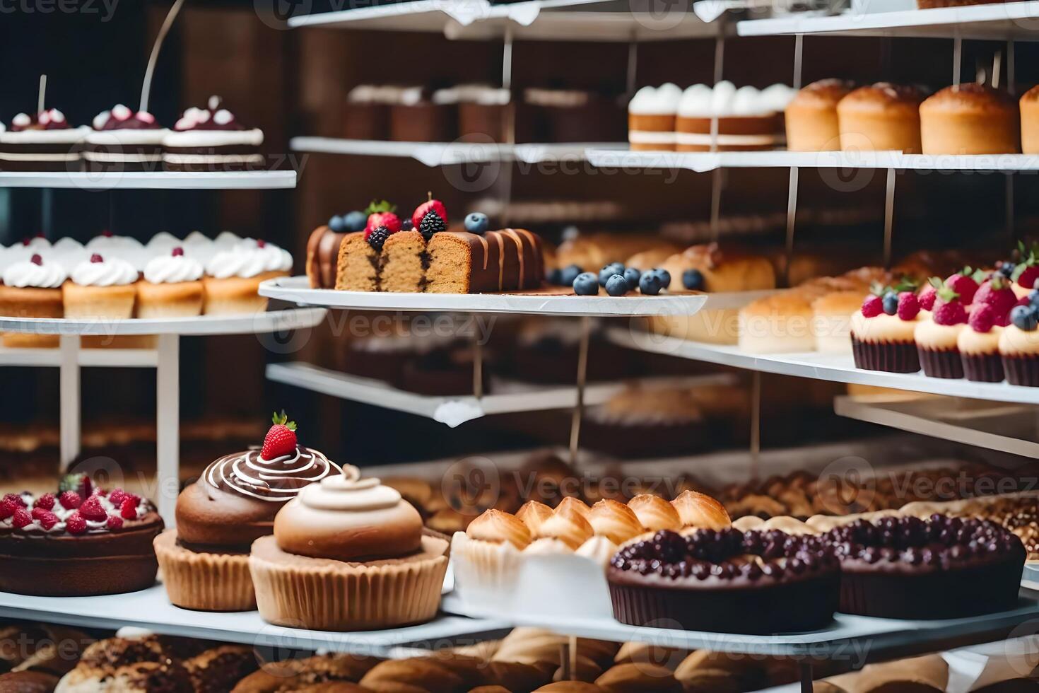many different types of cakes and pastries on display. AIGenerated