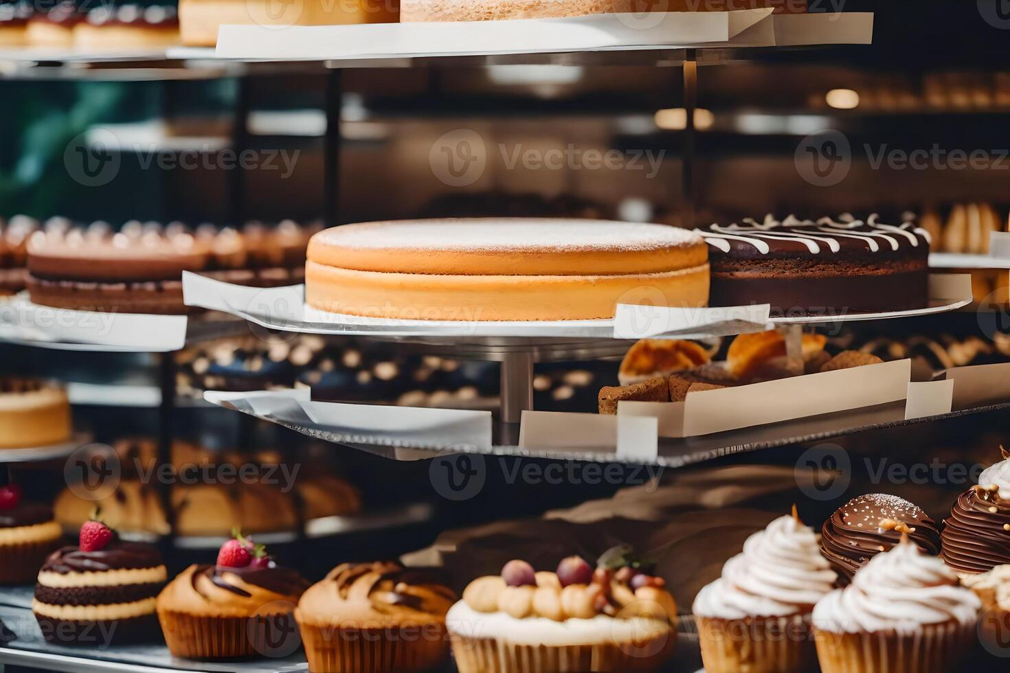 many different types of cakes and pastries on display. AIGenerated