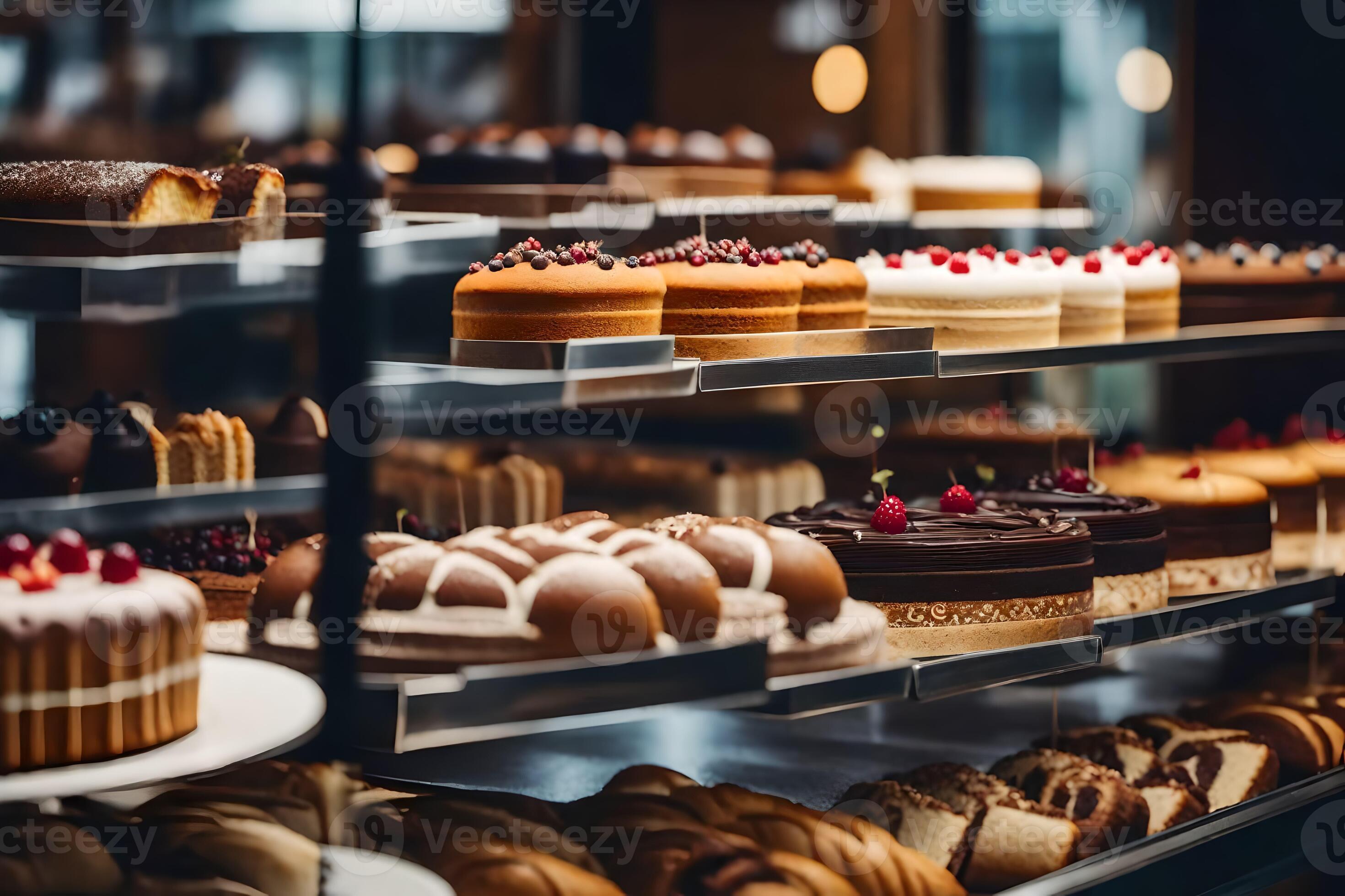 un variedad de pasteles y pasteles en monitor en un panadería. generado
