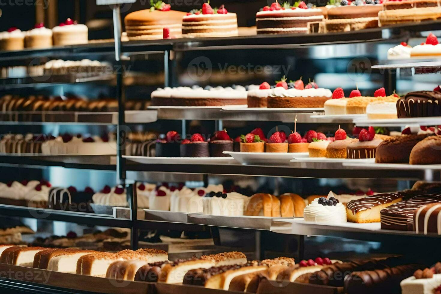 many different types of cakes are on display in a bakery. AI-Generated photo