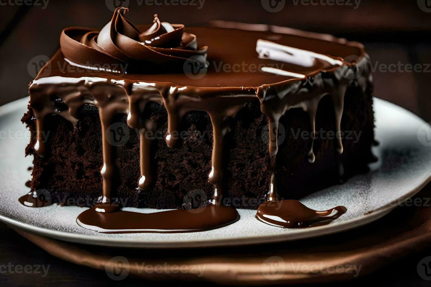 a piece of chocolate cake with chocolate drizzle on top. AI-Generated photo